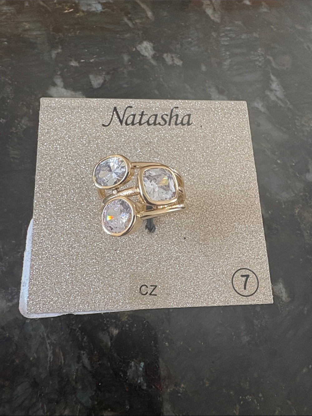 Natasha Couture Gold-Tone Triple Clear Stone Ring